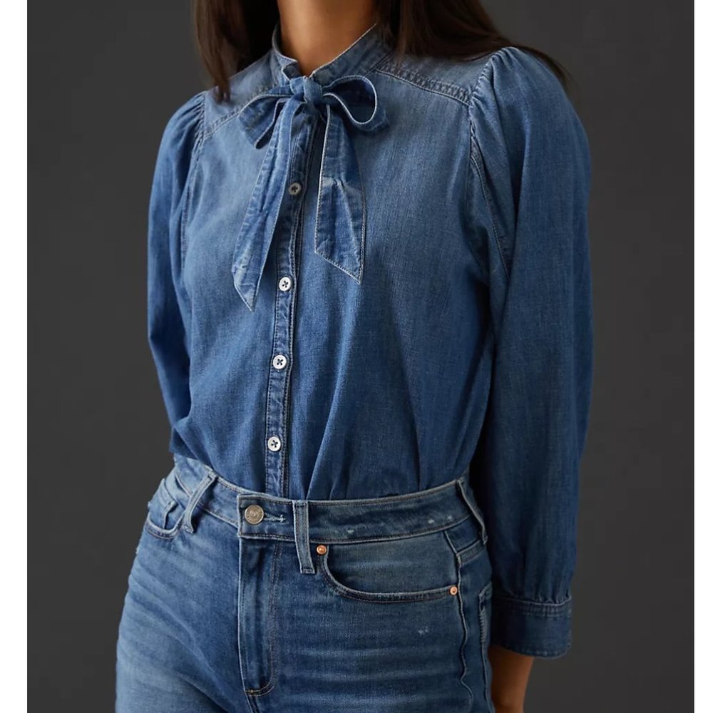 Anthropologie Pilcro Blue Denim Tie-Neck Blouse - XXS 2XS 00
